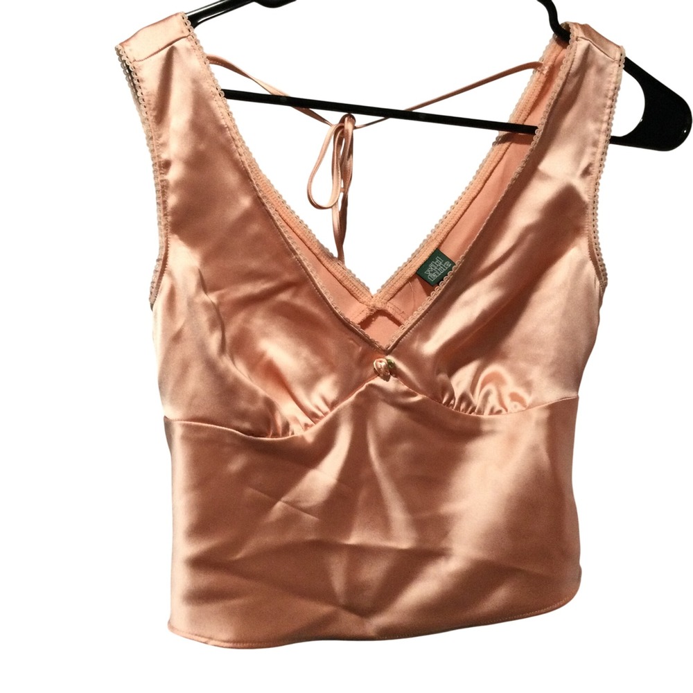Wild Fable Peach Satin Lace Trim V Neck Crop Top Cami‎ Tie Back Women's XS